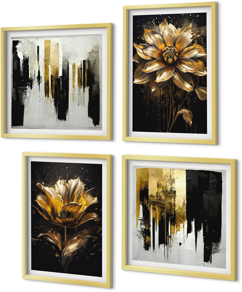 Coloray 4-Delige Schilderij Set - Stijlvolle bloemen, abstract, modern - 40 x 40 cm en 40 x 60 cm - Muurdecoratie - Schilderijen Set - Woonkamer - Interieur Decoratie