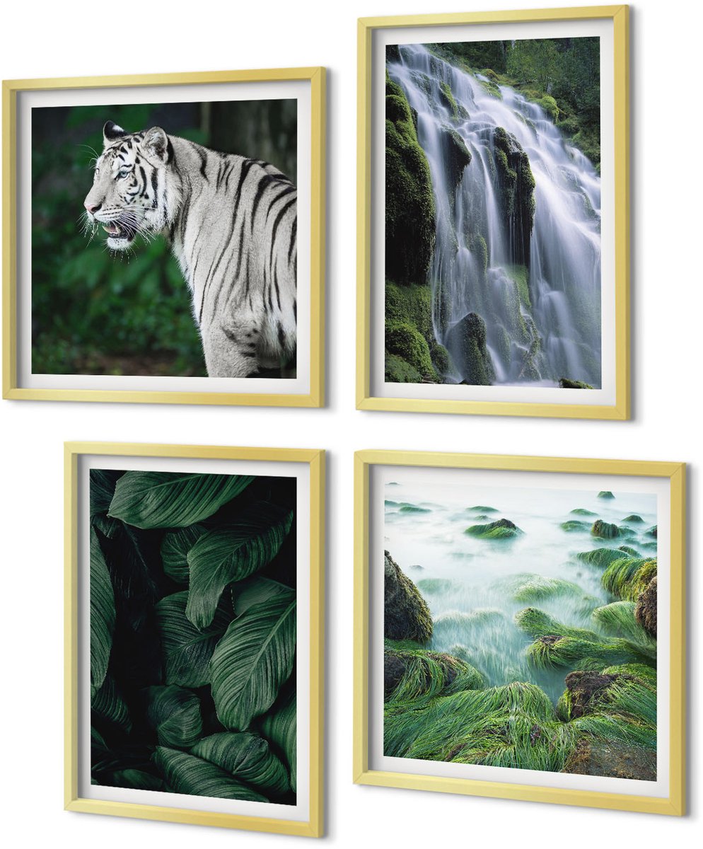 Coloray 4-Delige Schilderij Set - Tijgerwitte bladeren en een waterval in een natuurlijke omgeving - 40 x 40 cm en 40 x 60 cm - Stijlvolle Muurdecoratie - Kantoor