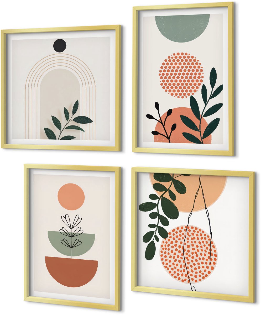 Coloray 4-Delige Schilderij Set - Plantmotieven in moderne vormen en kleuren - 40 x 40 cm en 40 x 60 cm - Moderne Wanddecoratie - Slaapkamer - Woonkamer Decoratie
