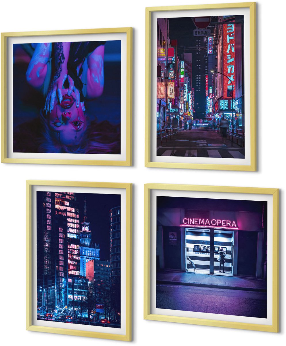 Coloray 4-Delige Schilderij Set - Nachtstad met neonlichten en bioscoopingang - 40 x 40 cm en 40 x 60 cm - Moderne Wanddecoratie - Slaapkamer
