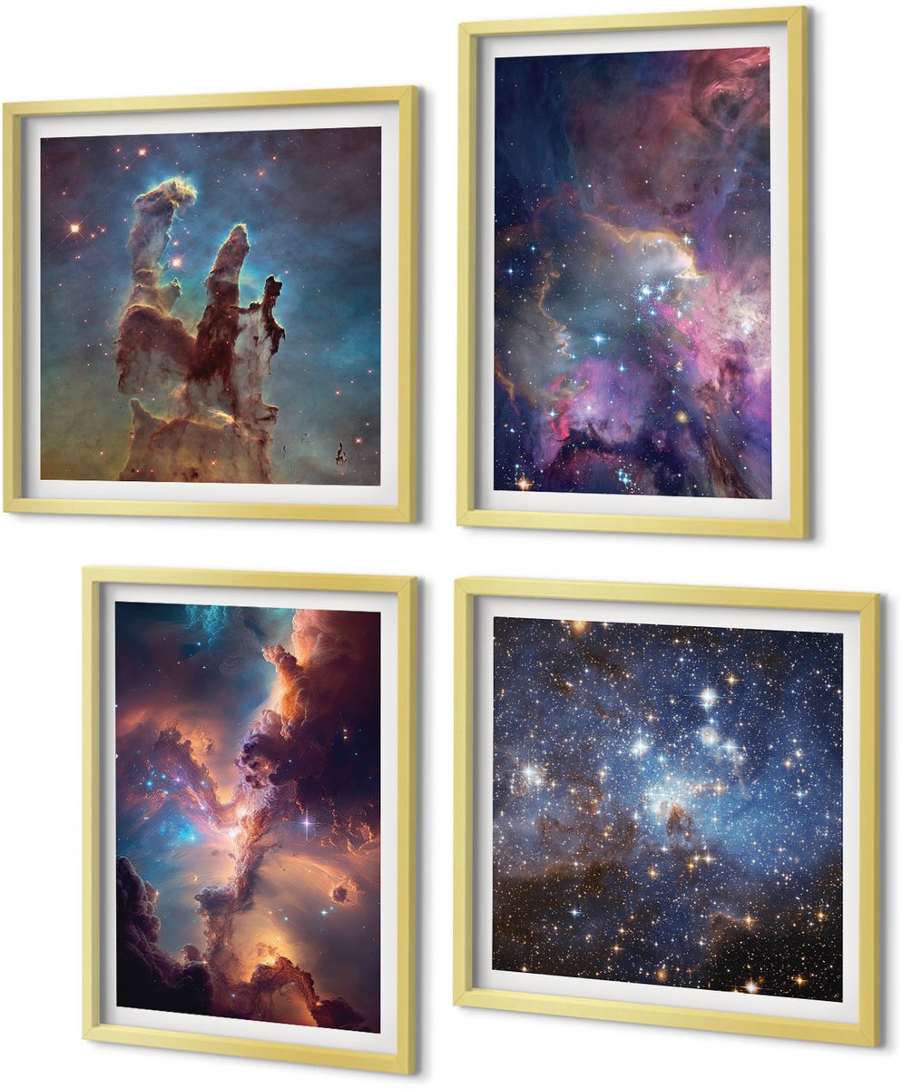 Coloray 4-Delige Schilderij Set - Ruimtelandschappen met sterren en nevels - 40 x 40 cm en 40 x 60 cm - Muurdecoratie - Interieur Decoratie - Decoratieve Schilderijen