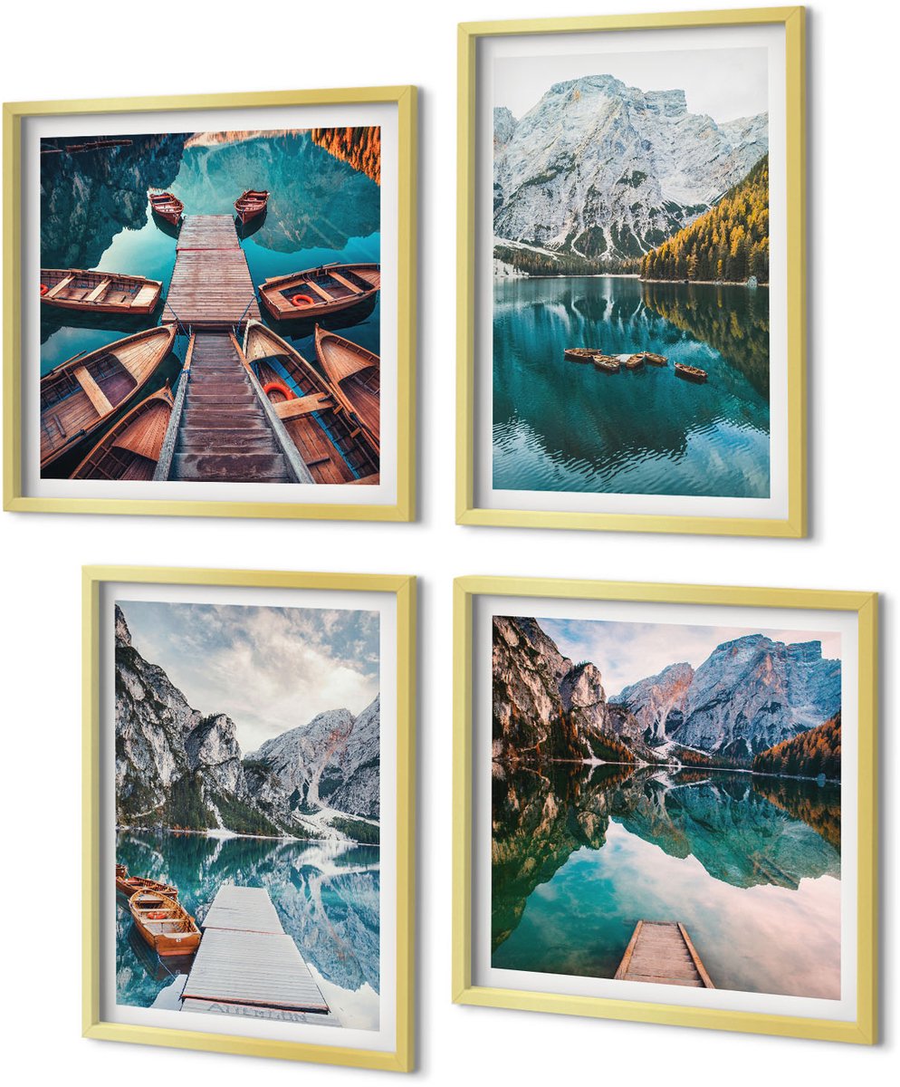 Coloray 4-Delige Schilderij Set - Meer met houten steigers en bergen - 40 x 40 cm en 40 x 60 cm - Decoratieve Schilderijen - Woonkamer - Interieur - Interieur Decoratie