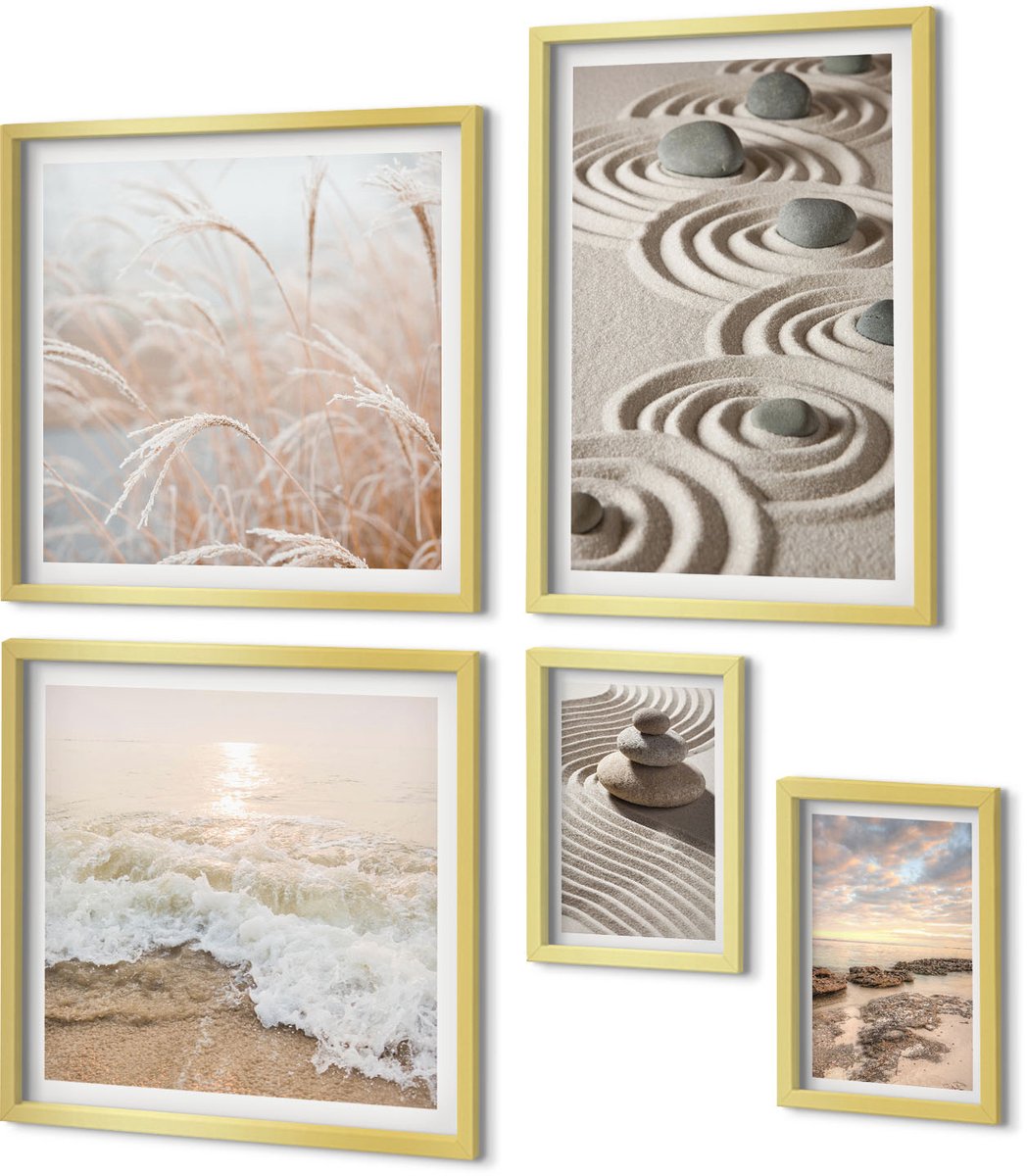 Coloray 5-Delige Schilderij Set - Rustgevende Natuurlandschappen Met Stenen En Zeegolven - 50 x 50 cm, 20 x 30 cm En 40 x 60 cm - Schilderijen Set - Wanddecoratie - Woonkamer - Interieur Decoratie