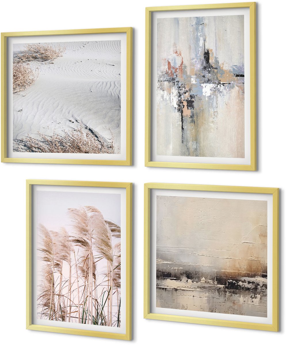Coloray 4-Delige Schilderij Set - Abstracte patronen van natuurlijke vegetatie in ingetogen kleuren. - 40 x 40 cm en 40 x 60 cm - Stijlvolle Wanddecoratie - Interieur - Woonkamer Decoratie