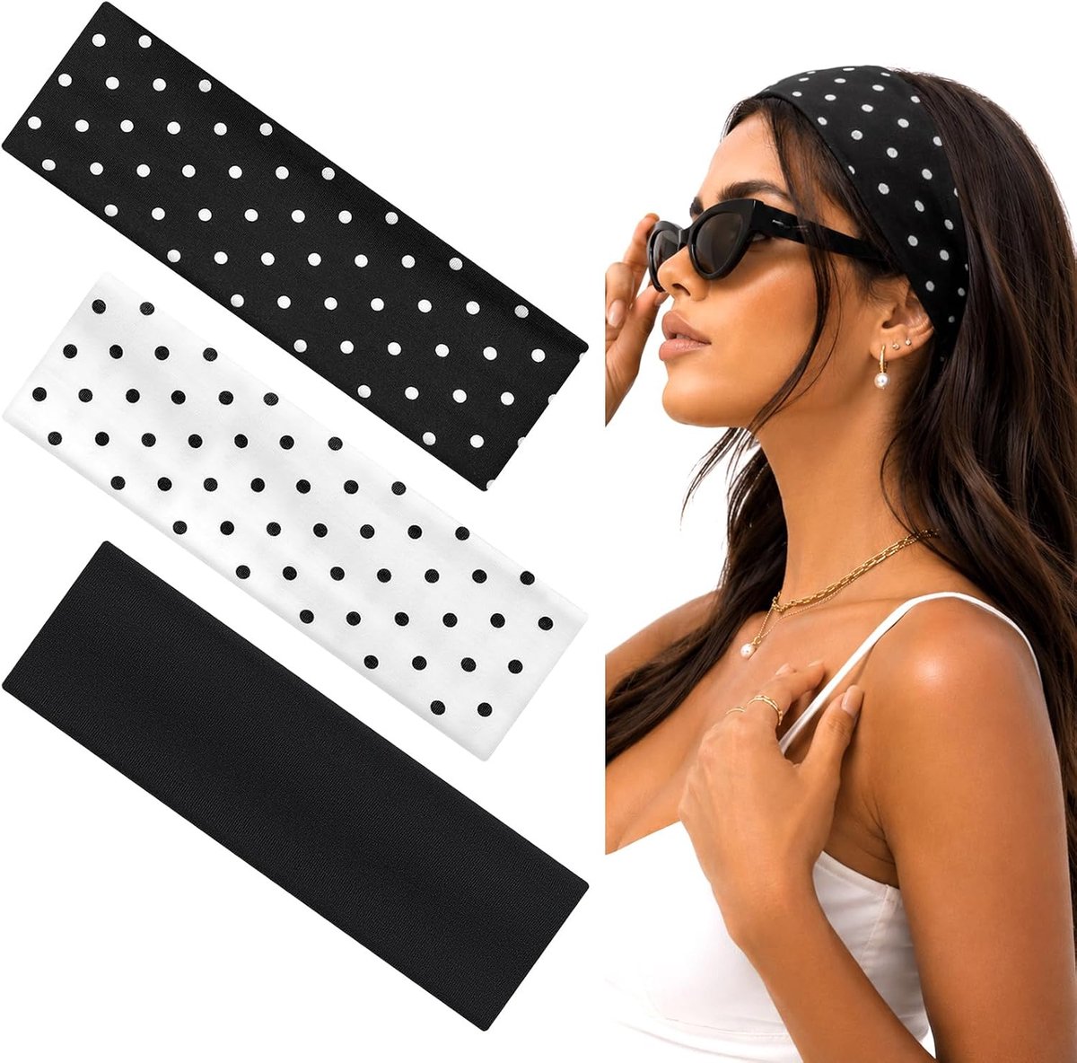 Women's Headbands, Black, 7 cm Wide, Polyester, Non-Slip and Stretchy, for Yoga, Running, with Leather Case, Pack of 3 - ShopVlot