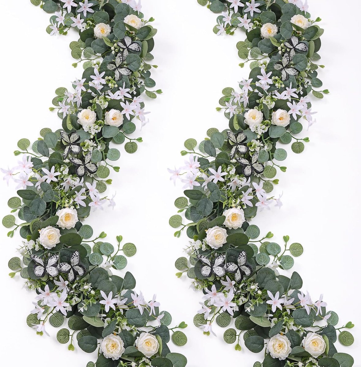 2 x 2 m kunstbloemenslinger, eucalyptus, slinger met vlinders, bloemen, slinger, decoratie, zijden bloemen, slinger - ShopVlot
