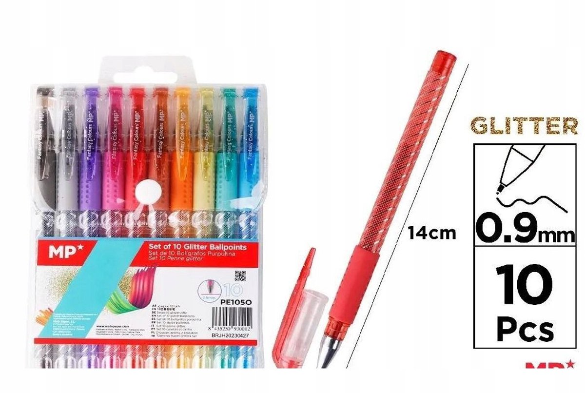 Glitterpennenset - 10 kleuren, punt van 0,9 mm