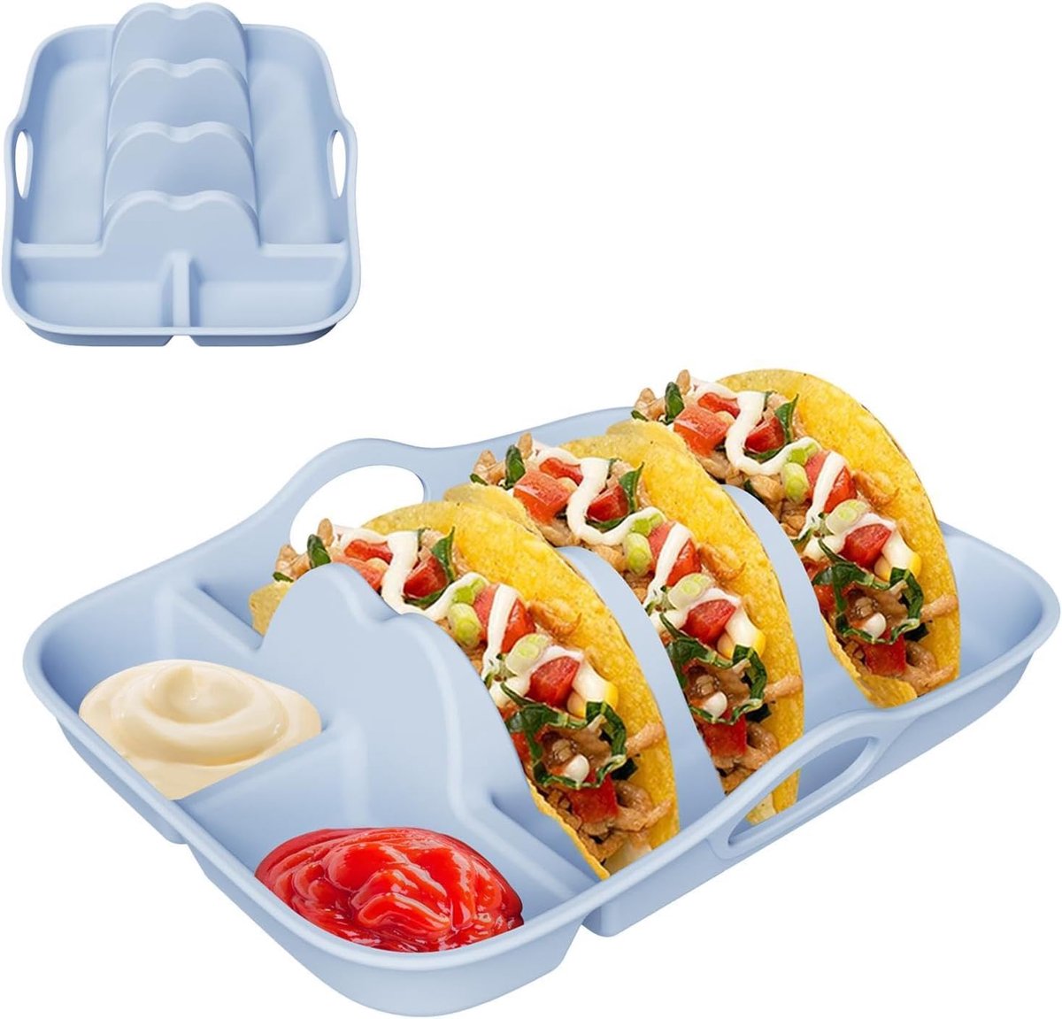 Ulisem - Taco Houder - Taco Serveerschaal - Taco Tray met Dipvakjes - Snackbord - Voor Taco’s Snacks en Sauzen - Voor Feest Picknick en Barbecue - Blauw
