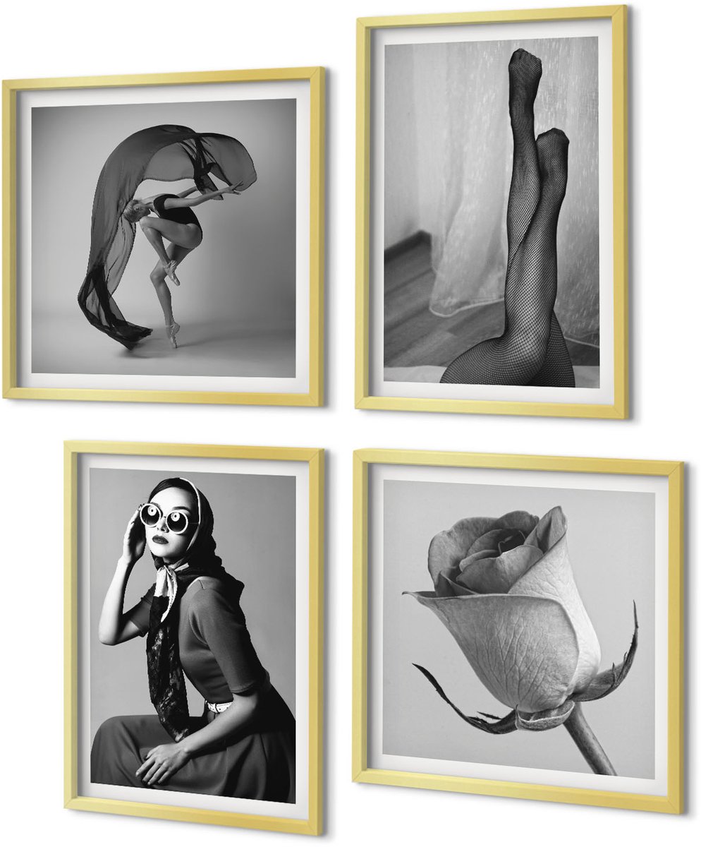 Coloray 4-Delige Schilderij Set - Stijlvolle zwart-witportretten van vrouwen in elegante poses - 40 x 40 cm en 40 x 60 cm - Wanddecoratie - Schilderijen Set - Kantoor - Woonkamer Decoratie