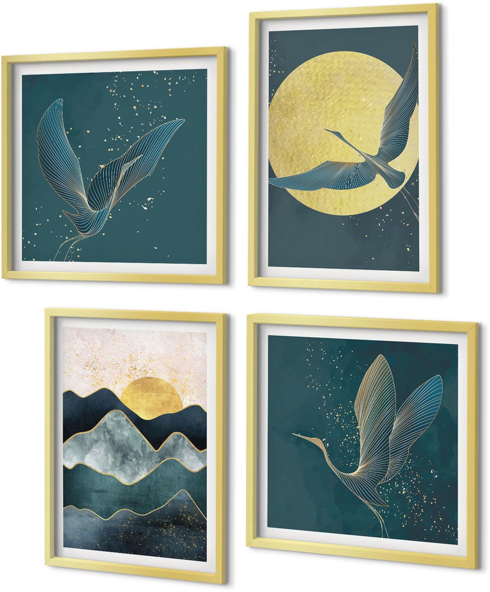 Coloray 4-Delige Schilderij Set - Vogels, kraanvogels in vlucht, maan, sterren en berglandschap - 40 x 40 cm en 40 x 60 cm - Muurdecoratie - Wanddecoratie - Hal - Decoratieve Schilderijen