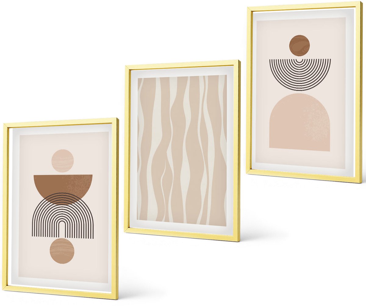 Coloray 3-Delige Schilderij Set - Abstracte Vormen In Bruine En Beige Tinten - 40 x 40 cm En 40 x 60 cm - Decoratieve Schilderijen - Wanddecoratie - Hal - Stijlvolle Muurdecoratie