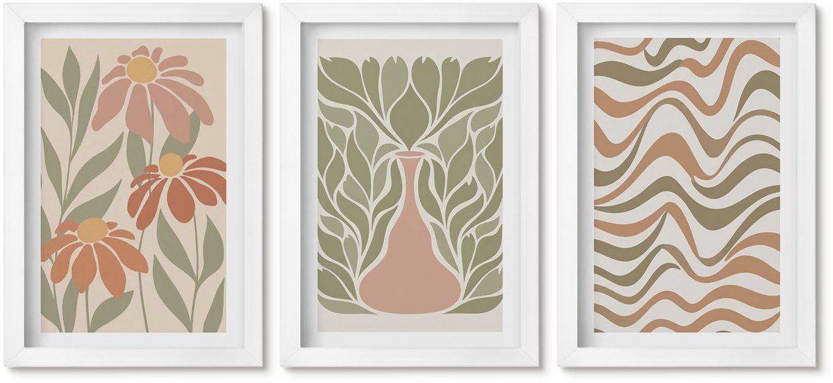 Wallfluent 3-Delige Schilderij Set - Pastelkleurige Bloemenillustraties Met Golvende Abstracte Lijnen - 20 x 30 - Stijlvolle Muurdecoratie - Kantoor - Decoratieve Schilderijen