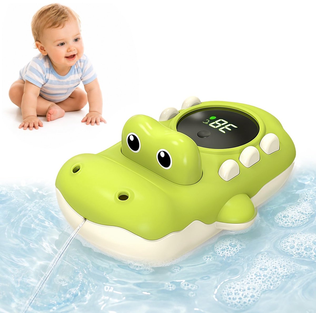 Ryoudavell - Badthermometer voor Baby en Kind - Digitale Waterthermometer Bad met LED Display - Krokodil Badspeelgoed met Watersproeier - Drijvend Zwembad Speelgoed en Badkamer Accessoires - Waterdichte Badthermometer Babyuitzet - Groen