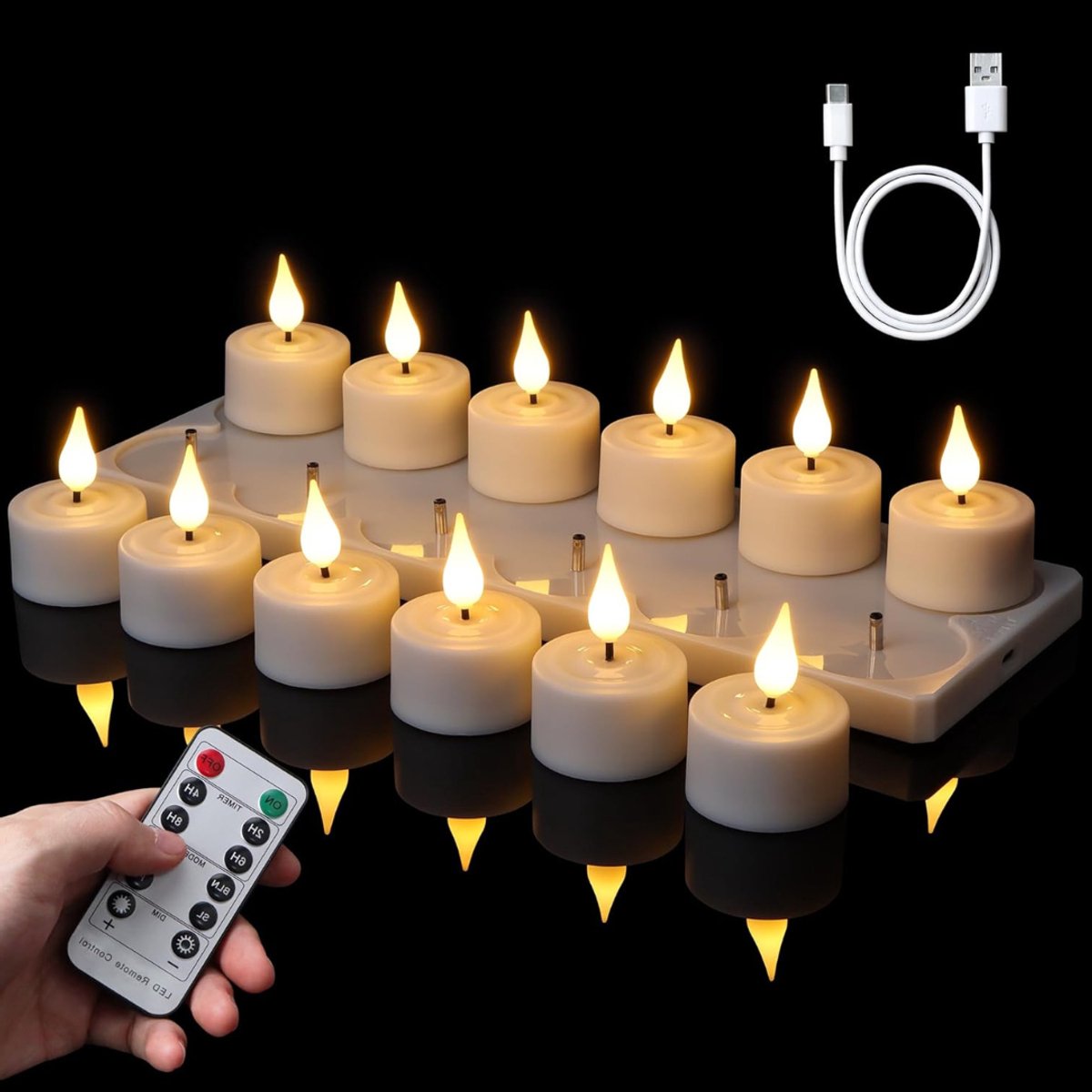 QUOVO® LED Theelichtjes Bewegend Vlam - LED Kaarsen met Bewegende Vlam – Oplaadbare Kaarsen - Met Afstandsbediening - Met Timerfunctie – 12 Stuks - Wit - 4cm x 4cm x 6cm