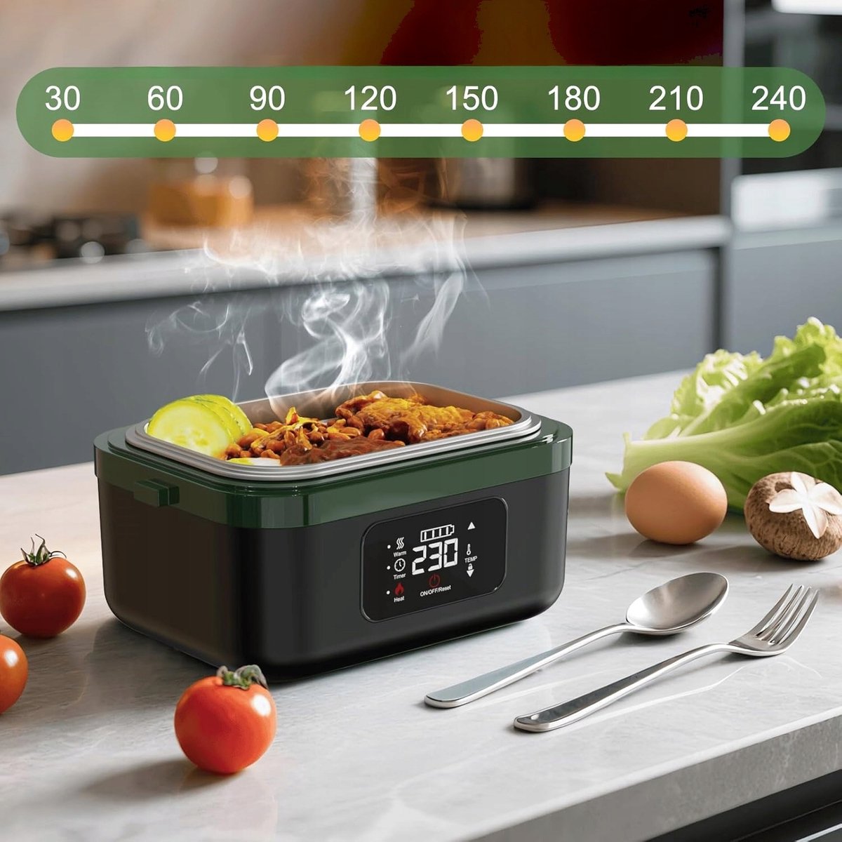 Elektrische Lunchbox - Verwarmde Bento Box - Thermos Lunchbox - 1000 ml - 60W Snel Verwarmend - 6 Temperatuurstanden - Voorverwarmen - ook Powerbank - met Isolatietas - Draagbare Broodtrommel - Voor Kantoor & School & Auto - Zwart en Groen — cadeau in Kookcadeaus - foto 4