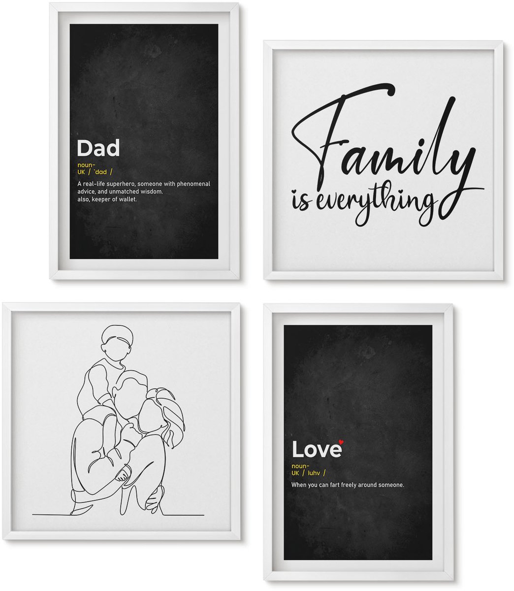 Wallfluent 4-Delige Schilderij Set - Familielijnkunst Met Definities Van Liefde En Vaderschap. - 40 x 40 En 40 x 60 - Stijlvolle Muurdecoratie - Kantoor - Woonkamer Decoratie