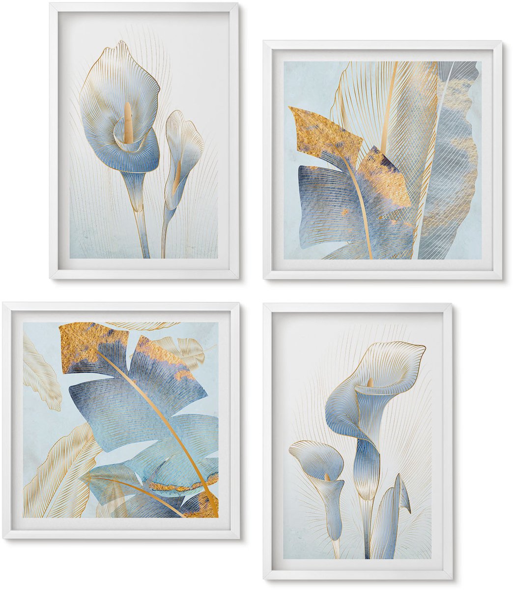 Wallfluent 4-Delige Schilderij Set - Fijne Blauwe Bloemen En Bladeren Op Een Lichte Achtergrond. - 40 x 40 En 40 x 60 - Stijlvolle Muurdecoratie - Slaapkamer - Wanddecoratie