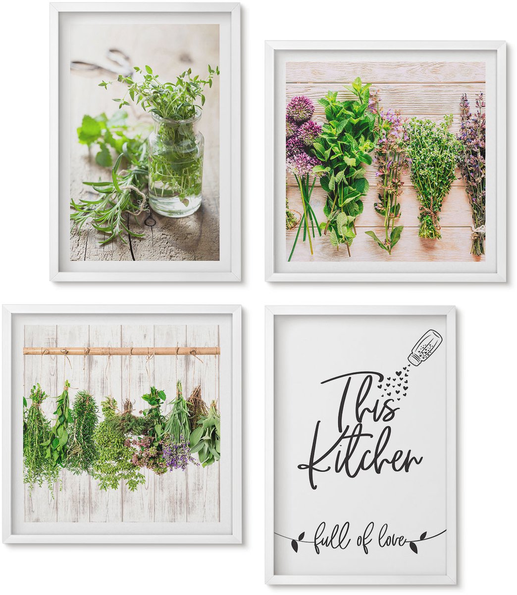 Wallfluent 4-Delige Schilderij Set - Keukenmotief Inscriptie Gedroogde Kruiden - 40 x 40 En 40 x 60 - Moderne Wanddecoratie - Slaapkamer - Decoratieve Schilderijen