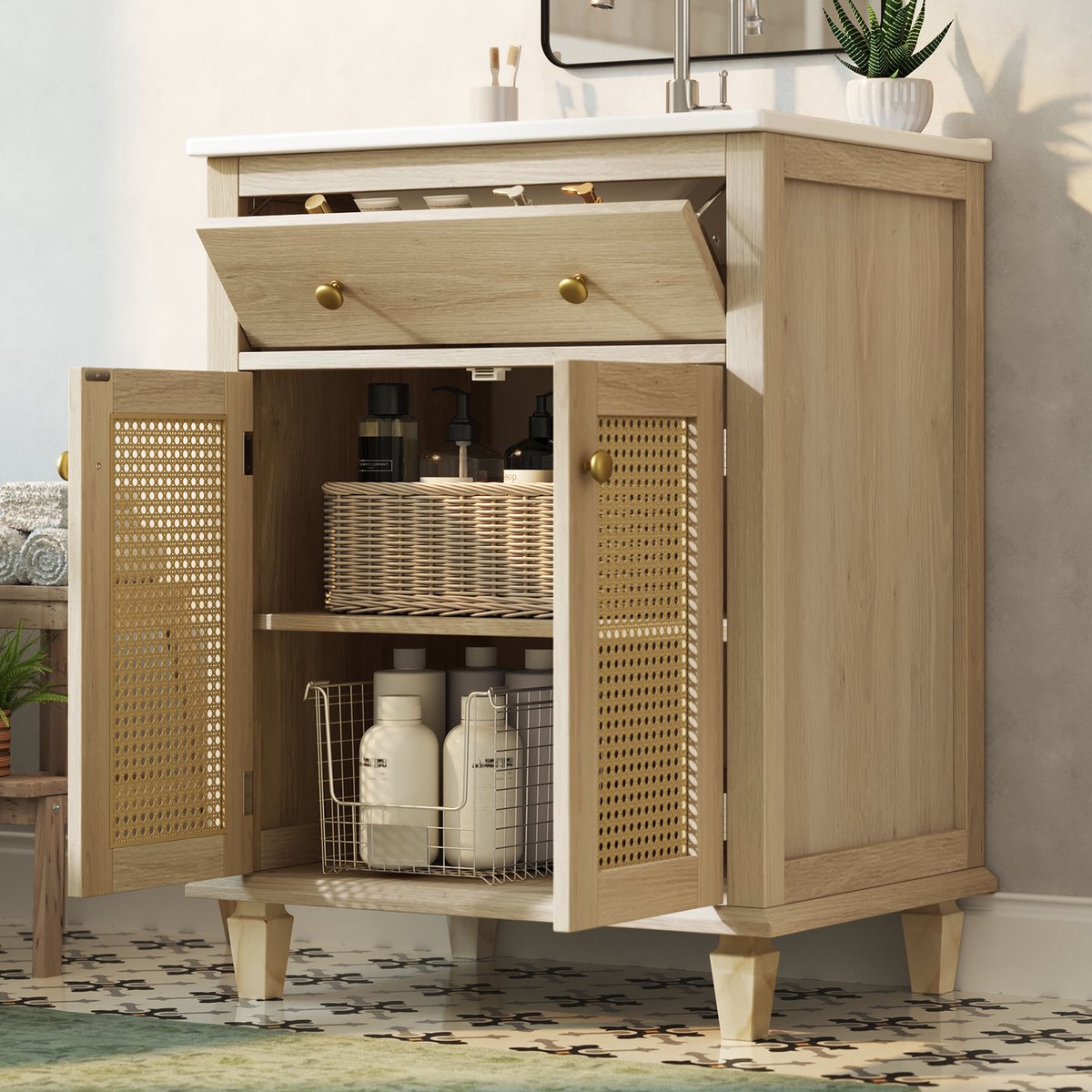 Badkamerkast Met Wastafel - Klaplade En Verstelbare Planken - Vrijstaand Met Rattan Deuren - Hout - 61x47x87 Cm - Natuurlijk