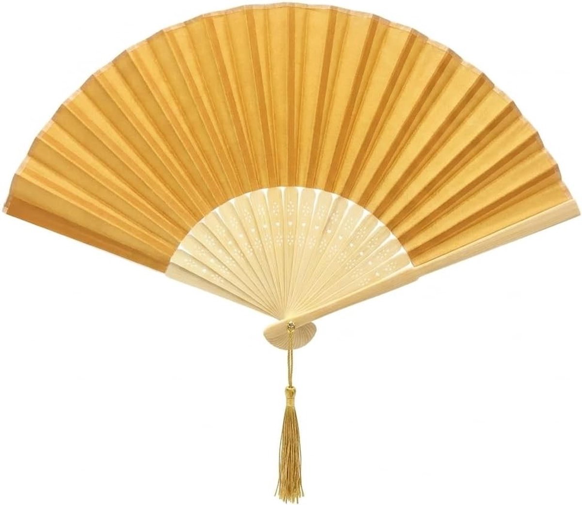 Handventilator - Donkergoudgeel - Zijdeachtig Stof - Opvouwbaar met Bamboe Ribben en Kwastje - Voor Zomerfeesten en Bruiloften