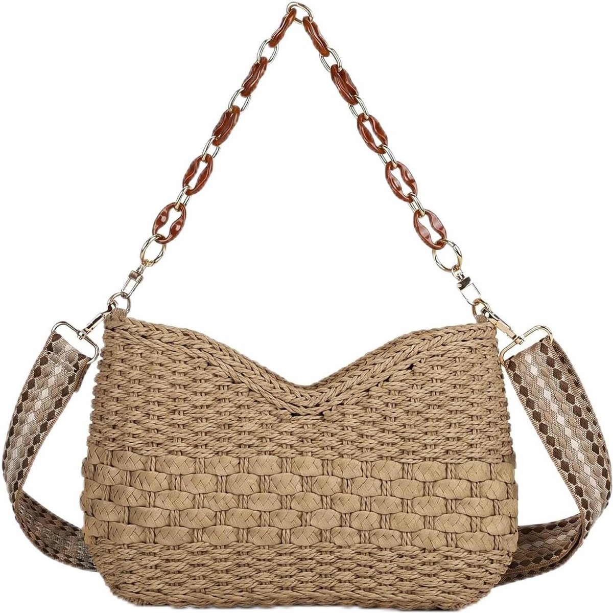 Straw Crossbody Bag Summer Chic Woven Shoulder Bag for Women with Removable Chain - ShopVlot