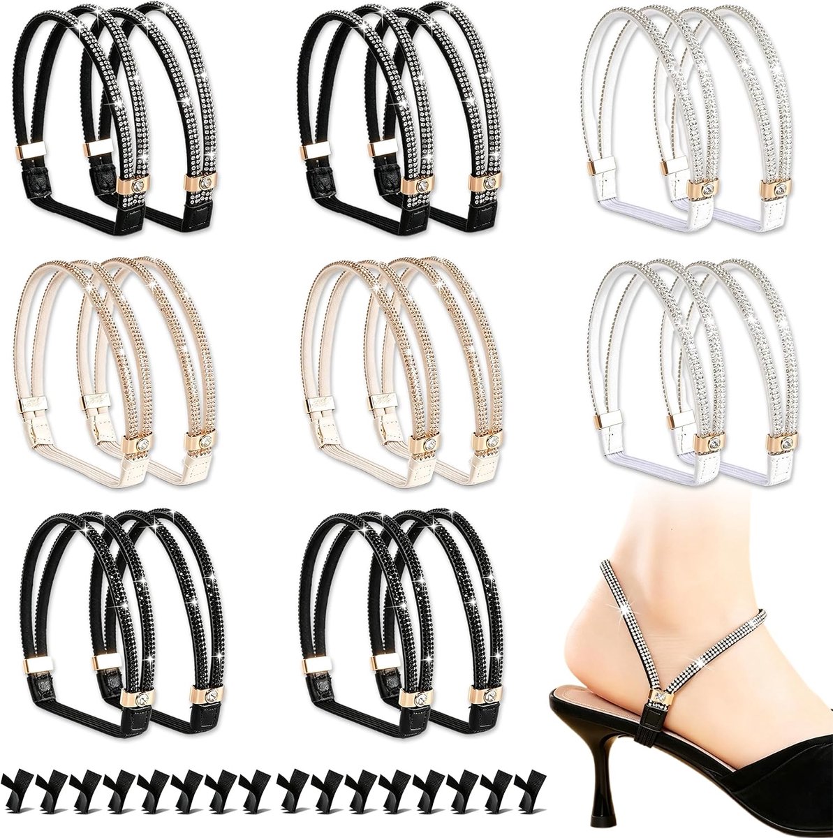 8 Paar Hoge Hakken Schoenriemen, 3 Kleuren Schoenriemen voor Hoge Hakken, Elastische Vervangende Enkelriem met Strass - ShopVlot