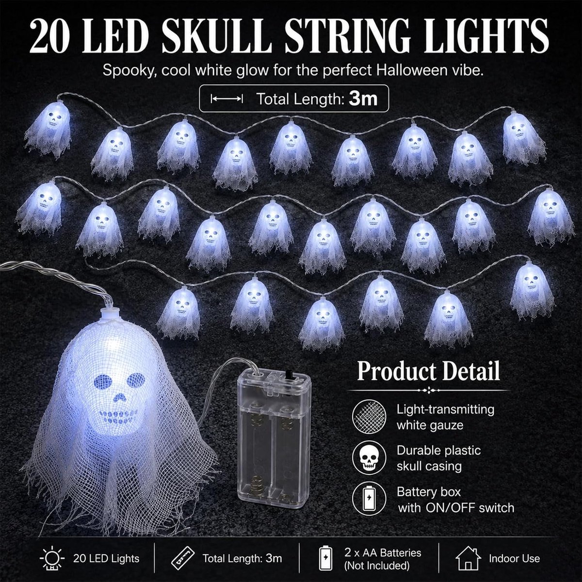 3 meter 20 stuks halloween lichtslinger LED wit halloween-licht - ShopVlot