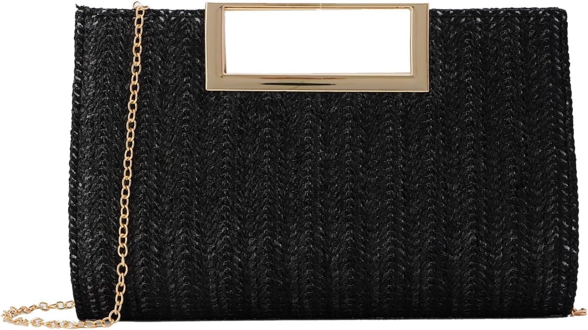 Women Straw Clutch Summer Straw Dinner Shoulder Bag with Metal Chain Square Tote Bag Fabric Bag for Wedding - ShopVlot