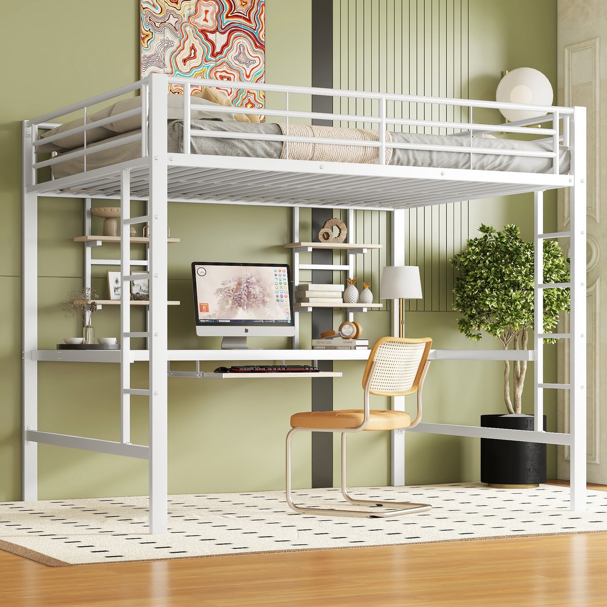 Hoogslaper - 140 x 200 cm - 2-persoons - met bureau - met opbergruimte - met trap - Wit