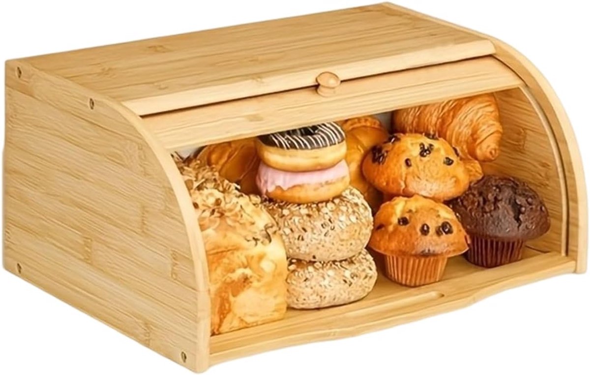 Brooddoos Roll Top, Houten Keuken Opbergdoos 40x27x18cm | Natuurlijk Bamboe Design | Roll Top Deksel | Ventilerende Broodopslag | Voor Brood, Bagels en Gebak in de Keuken
