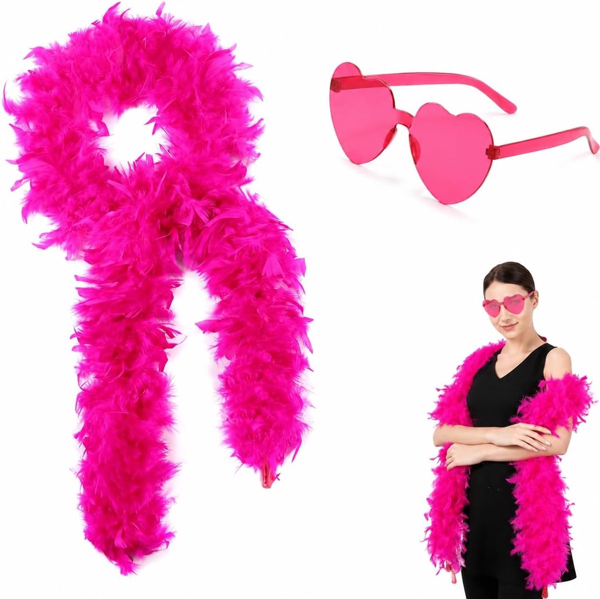 Rode Dames Kostuum Set – 2m Veren Boa & Retro Bril – Carnaval, Feest, Cosplay en Party Accessoires voor Vrouwen