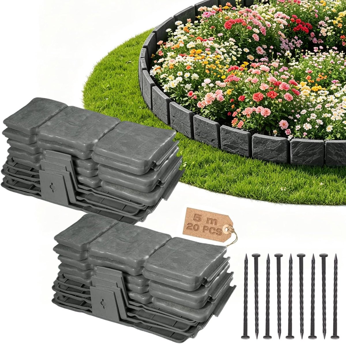 kunststof met grondpen, bloembed omranding, bloemperk omranding, perkbegrenzing, maairand, tuinhek, flexibele gazonranden, steenlook - 5 m (hoogte: 10 cm)