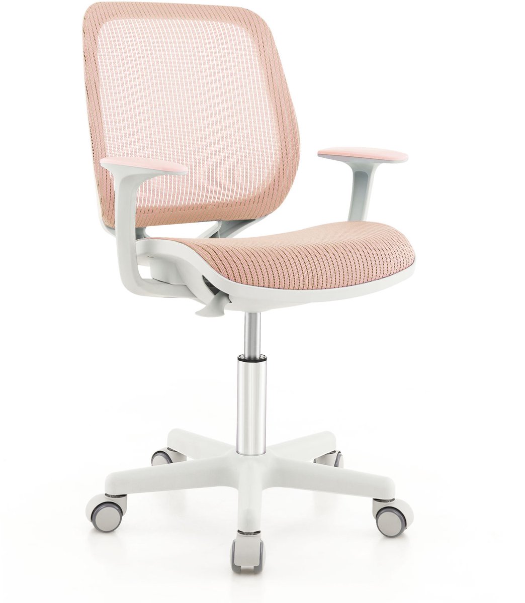 COSTWAY Kinderbureaustoel Draaibaar 360° – In Hoogte Verstelbare Ergonomische Bureaustoel met Arm- en Rugleuningen – Kindvriendelijke Zithoogte 43-55 cm met Veiligheidsremmen en PU Wieltjes