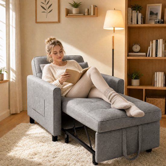 Grijze fauteuil met uitklapbaar voetenbankje, waarin een vrouw zit te lezen.