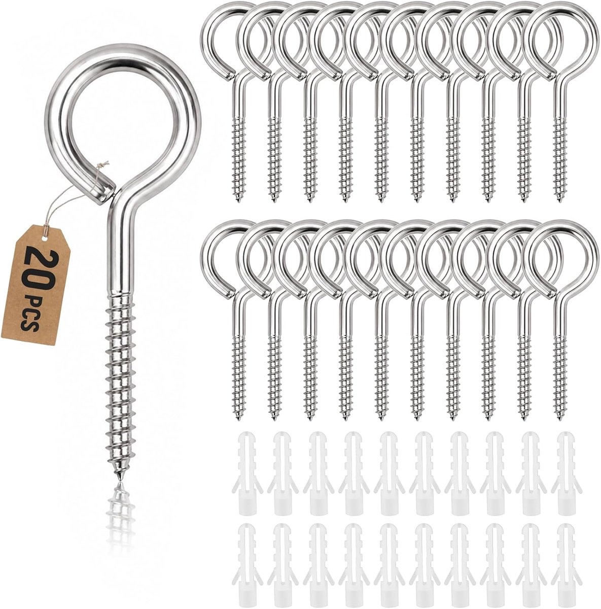 20 stuks oogschroef 304 roestvrij staal ringschroeven ooghaken M5 x 65 mm | Schroefhaken, schroefogen met schroefdraad voor hangmatten, luifels, doe-het-zelf handwerk