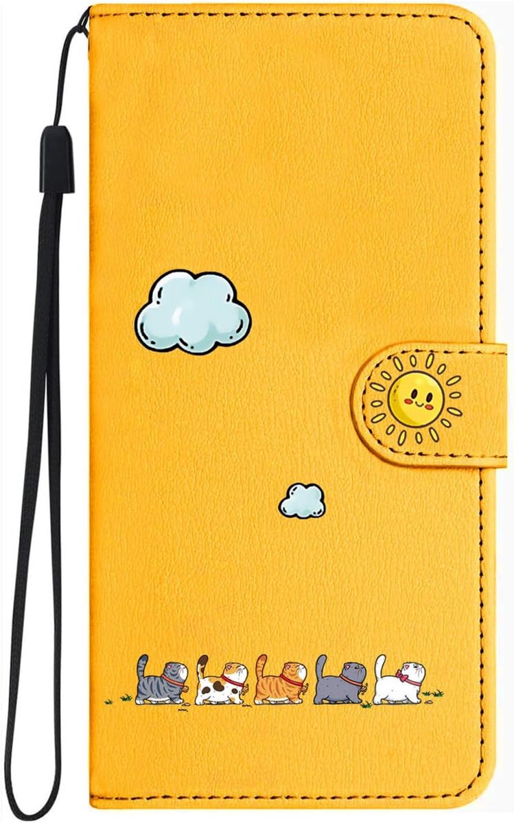 Telefoonhoesje voor Samsung Galaxy A27, schattige kat, dier, wolk, zon, PU-leren telefoonhoesje, portefeuille, klaphoes, beschermhoes, met standaard, magneet en kaartsleuven, geel