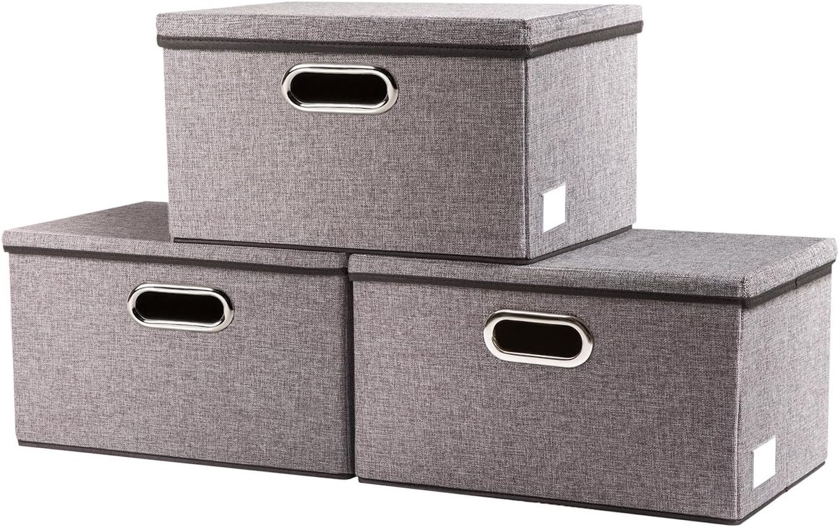 Opbergdozen met deksel,opbergdoos opvouwbare decoratieve,linnen stof organizer containers mand kubus met handgrepen,grijs [3 stuks]29x22x17cm