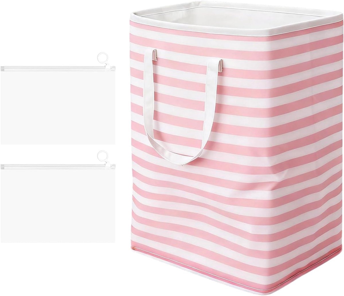 Wasmand, 75 liter, roze strepen, opvouwbaar, met 2 ritssluitingen, opbergtas, waszak met handvat, grote wasverzamelaar, opvouwbare wasmand voor slaapkamer, badkamer, kinderkamer, studentenwoning