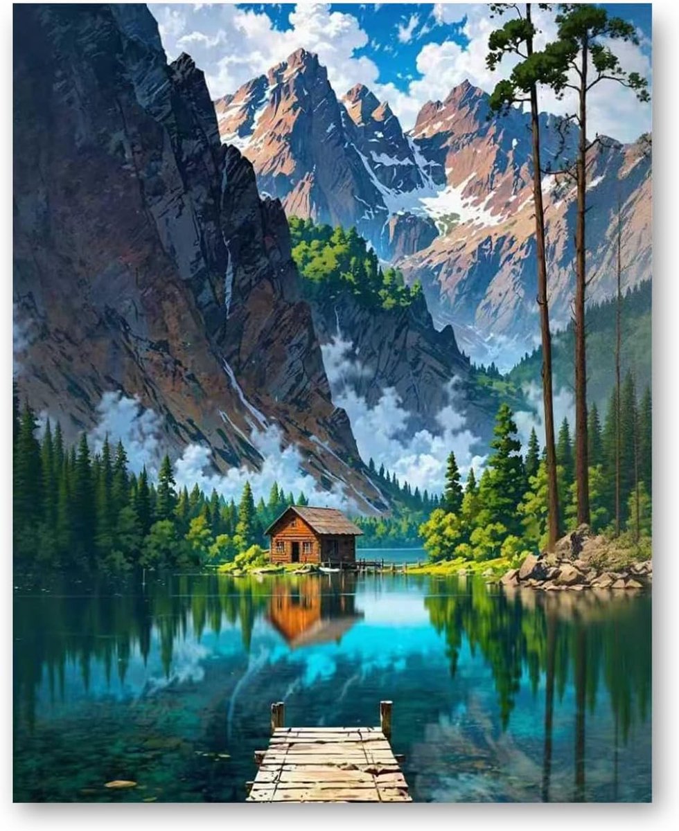 WEMEON Schilderen op nummer voor volwassenen, 40 x 50 cm, landschap, schilderen op nummer, set met 3 penselen - ShopVlot