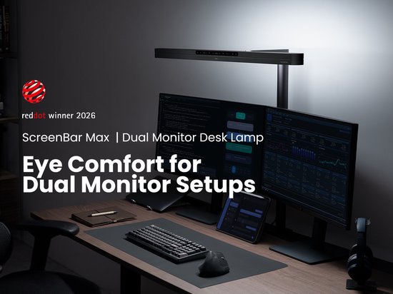 Red Dot winnaar 2026: BenQ ScreenBar Max bureaulamp, oogcomfort voor dual monitor setups.