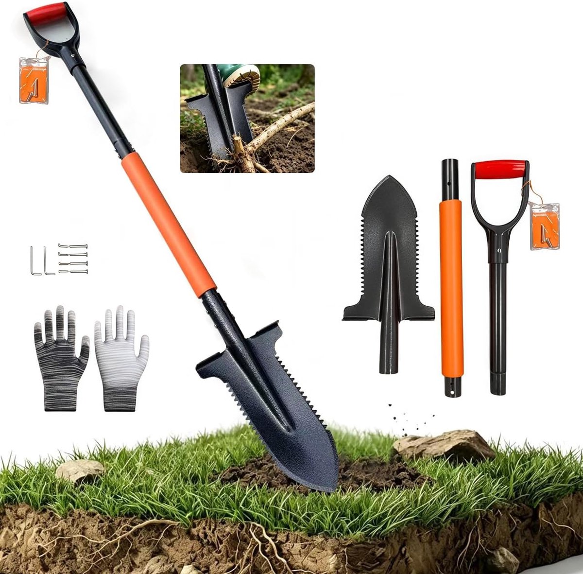 Tuinschop met wortelzaag, 115 cm, stabiele wortelschop met zaag, tuinschep, ergonomische handgreep en brede tredrand, puntige schop voor harde vloeren, graven uitgraven, 1050 Mn staal