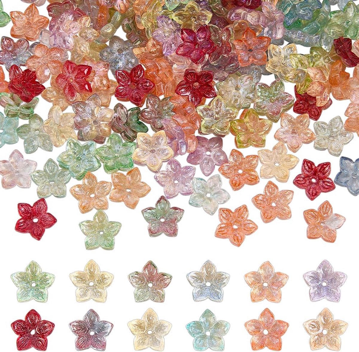 240 stuks glazen bloemenparels, doppen, 12 kleuren, transparante kersenbloesemkralen, glitter, 5 bladen, bloemenkralen, kap, 12 x 12,5 x 4 mm