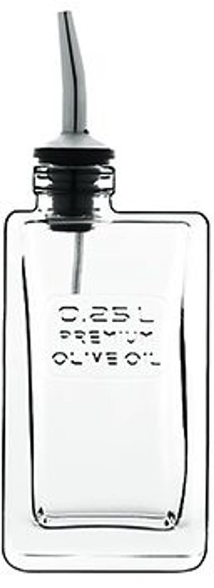 Bouteille d'huile en verre de 25 cl avec bec verseur et inscription 'PREMIUM OLIVE OIL'.