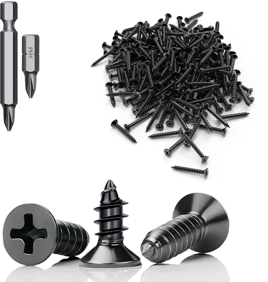 60 stuks zelftappende schroeven, zwart, M3 x 6 mm, schroeven, zwart, platte kop, roestvrij staal, 304 houtschroeven, volledige schroefdraad met schroevendraaier, bit voor houten meubels