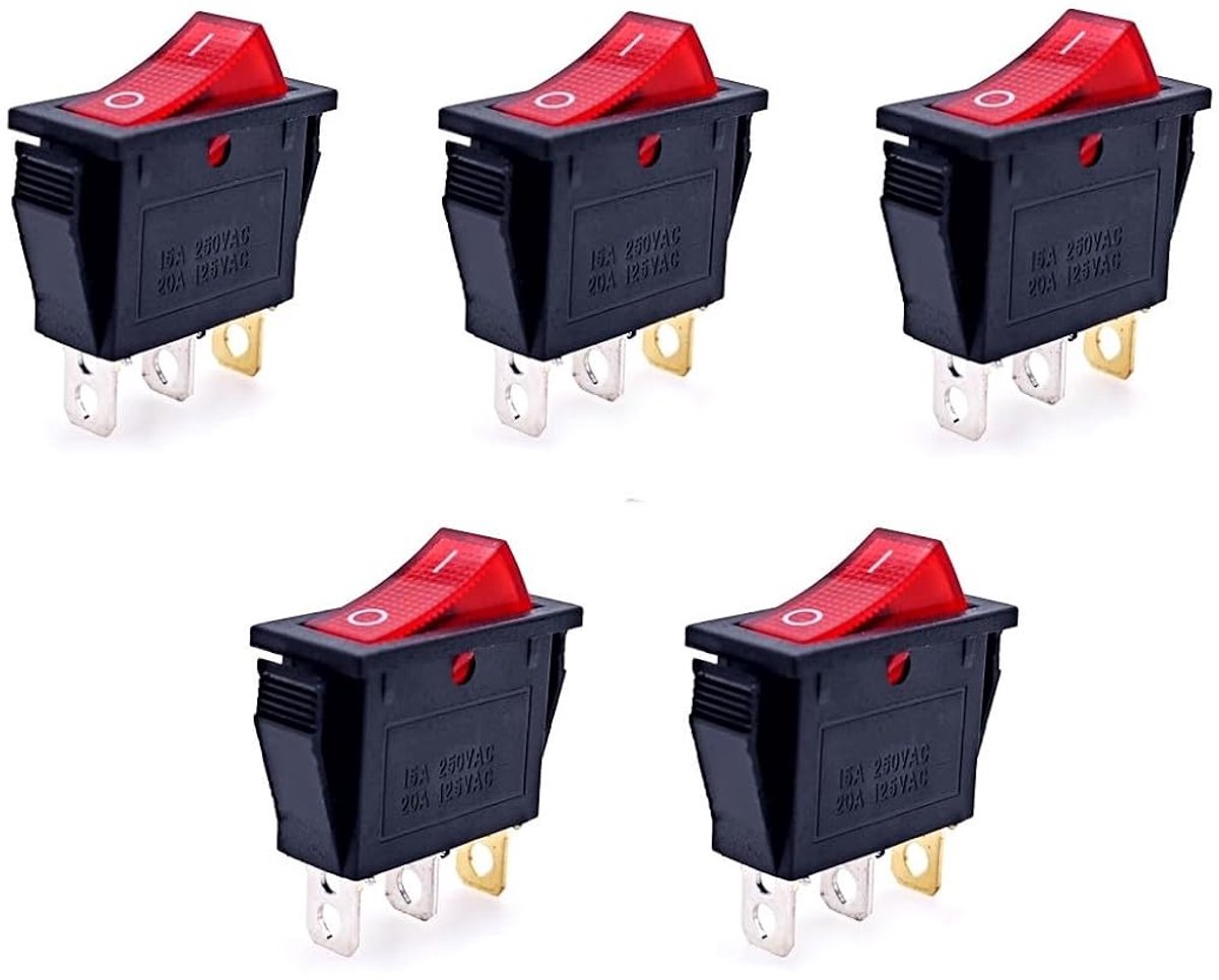5 stuks tuimelschakelaar ON OFF 15A 250V 20A 125V AC 3 stekkers rood licht SPST 3-polig rechthoekig KCD 3-polig voor klein