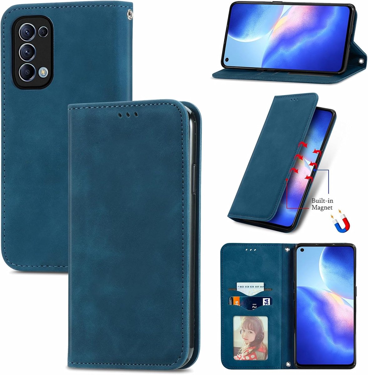 Case voor Oppo Find X3 Lite hoesje, Premium Lederen Flip Wallet Case met Kaartenvakken en Horizontale Standfunctie Magneet Coque Cover Beschermhoesje voor Oppo Find X3 Lite 5G, Blauwgroen