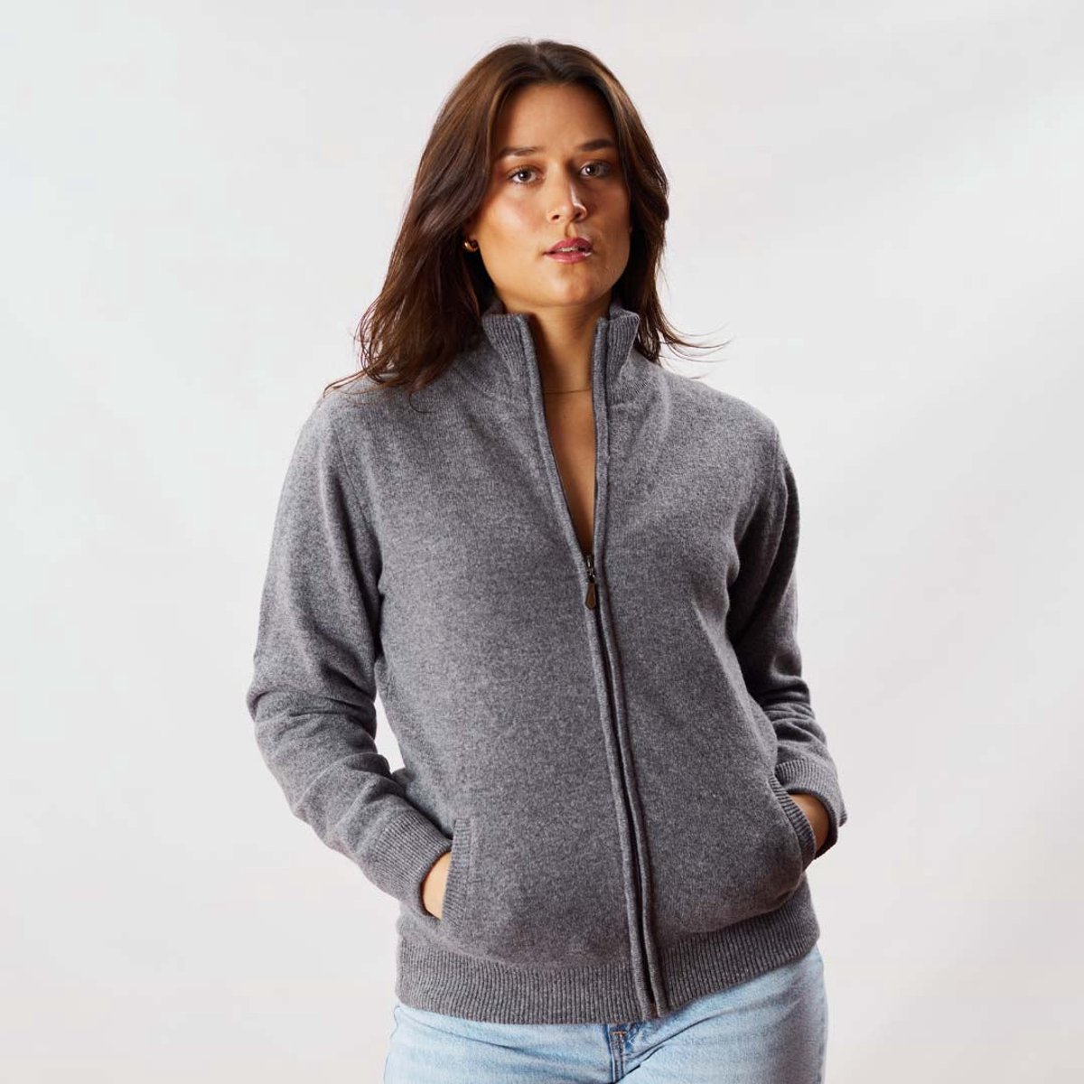Osborne Knitwear Windstopper cardigan met rits - Dames - Lamswol - Grey Mix - Zwarte voering - L