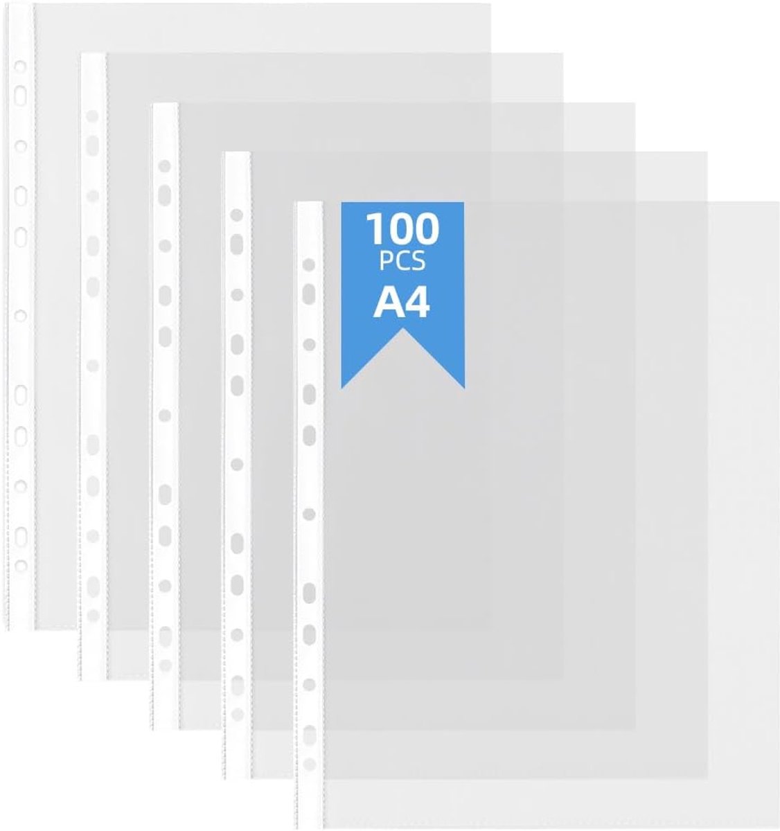 100 Geperforeerde A4-zakken, Doorzichtige Plastic Hoezen, Versterkte Meervoudige Rug, 40 Micron Premium Plastic Beschermhoezen voor Ringbanden, Geschikt voor Kantoor, School & Huisgebruik