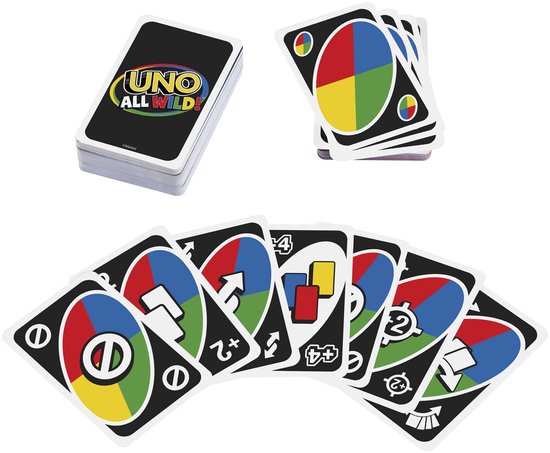 Een stapel UNO All Wild kaarten en meerdere speelkaarten, waaronder +4 en null kaarten. De kaarten hebben rode, blauwe, gele en groene vlakken.