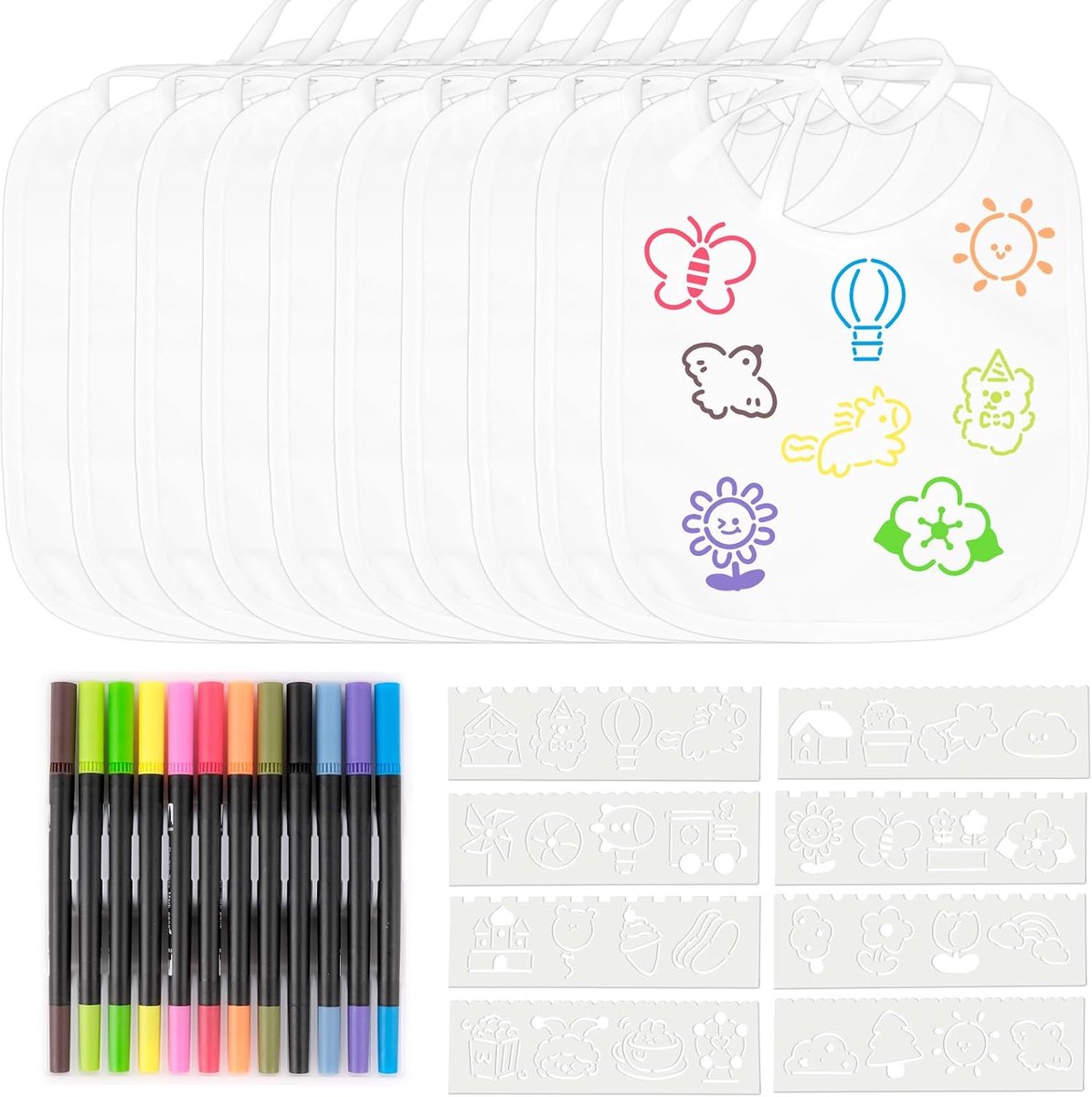 Babyslabbetjes om te beschilderen, 10 witte waterdichte slabbetjes, 12 textielstiften en 8 schildersjablonen, cadeau voor babyfeestjes